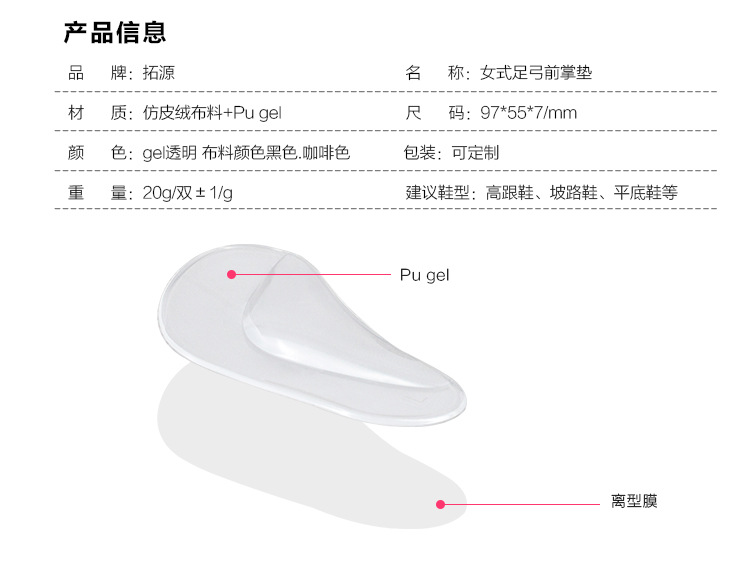 硅膠鞋墊，PU GEL中掌墊參品信息，GEL透明布料黑色高跟鞋、坡路鞋、平底鞋等校正腳形、緩解疲功、減震減壓